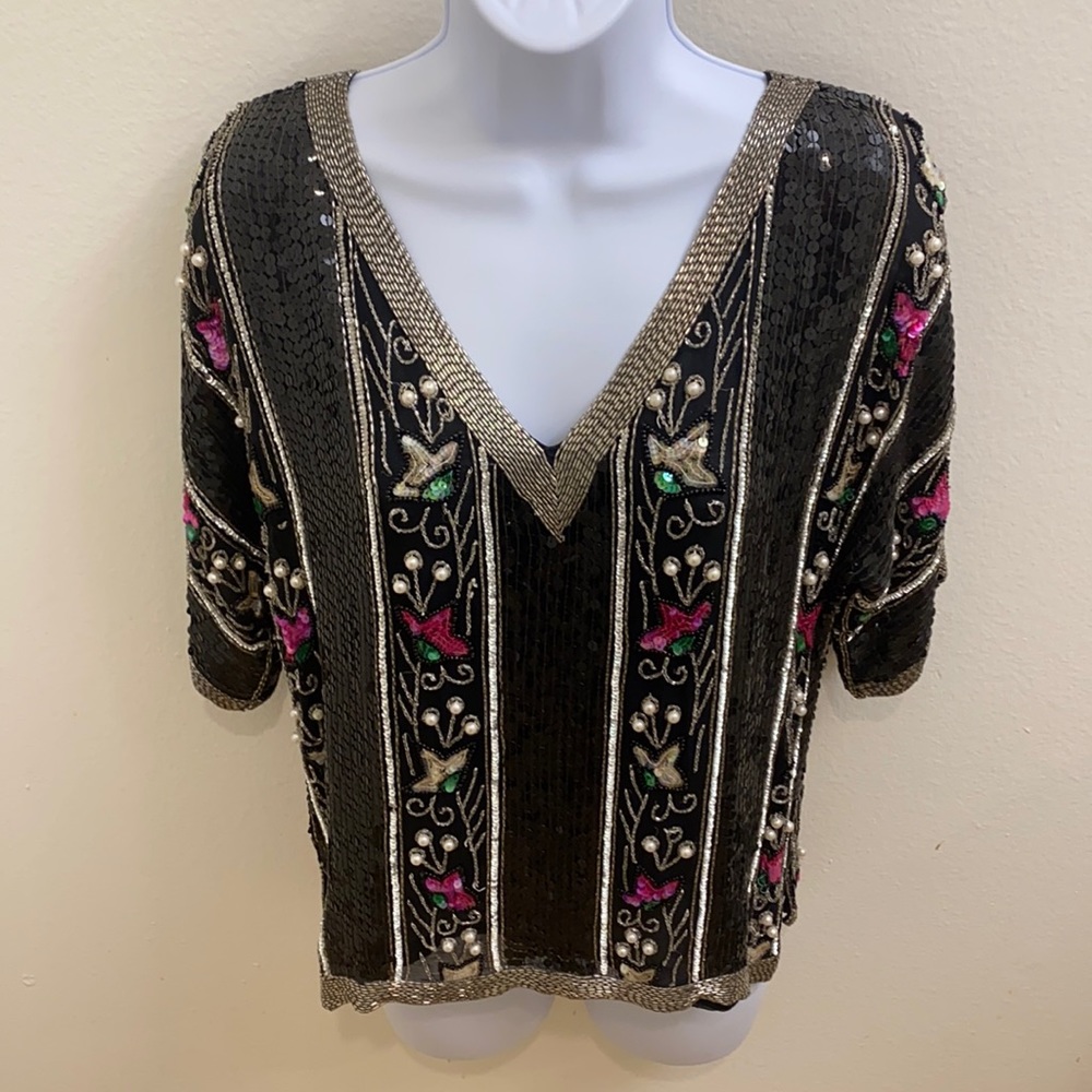Vintage Silk Sequined Beaded Top M